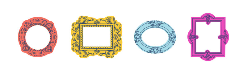 A set of colored classic carved picture frames. Decorative frame for photos and drawings. Vector isolated illustration for design.