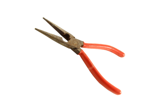 Technician equipment, lizard nose pliers, red handle, old, rusty isolated on white background. - Powered by Adobe