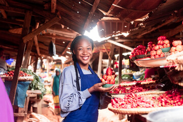 A african businesswoman wearing colourful Apron selling tomatoes and vegetables in a typical local...