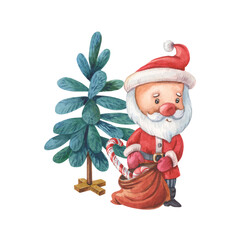 Watercolor Santa Claus with bag. Christmas and New Year illustration for kids.