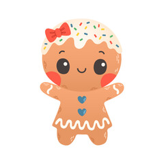 Holiday gingerbread woman cookie. Cookie in shape of woman with colored icing. Vector illustration in flat style