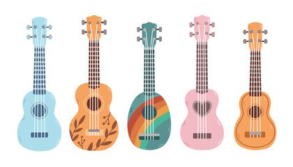 Set of ukulele in different colors and sizes. Popular music instrument.