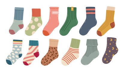 Collection of trendy cotton and woolen socks with different textures isolated on white background vector illustration