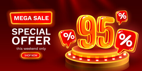 Mega sale special offer, Neon 95 off sale banner. Sign board promotion. Vector