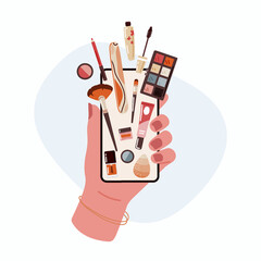 Buying cosmetics online,female hand hold mobile phone.Vector illustration