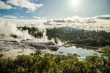 geothermal volcanic park with geysers and hot streams, scenic landscape, te piua national park,...