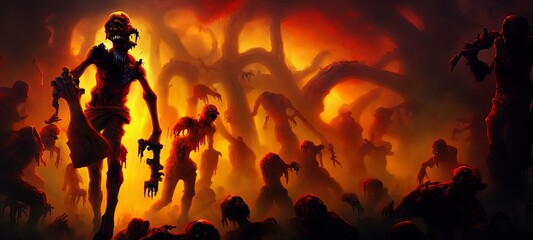 Scary Halloween Zombies Walking Through A Dark Forest, Beautiful Horde Of Zombies Illustration Background Wallpaper. Book Cover Or Game Digital Concept Art Illustration. - obrazy, fototapety, plakaty