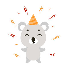 Cute little koala in birthday hat on white background. Cartoon animal character for kids t-shirt, nursery decoration, baby shower, greeting card, house interior. Vector stock illustration