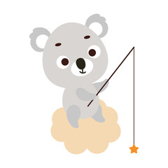 Cute little koala fishing star on cloud. Cartoon animal character for kids t-shirt, nursery decoration, baby shower, greeting cards, invitations, house interior. Vector stock illustration