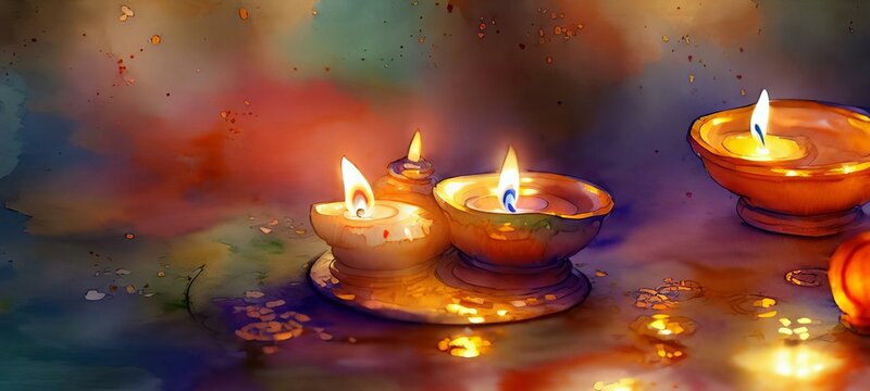 A Painting Of Diwali  Lit Candles On A Table, Finest Abstract Backdrop.