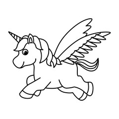 Cute flying unicorn cartoon characters vector illustration. For kids coloring book.
