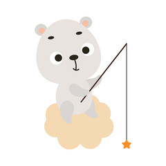 Cute little polar bear fishing star on cloud. Cartoon animal character for kids t-shirt, nursery decoration, baby shower, greeting cards, invitations, house interior. Vector stock illustration