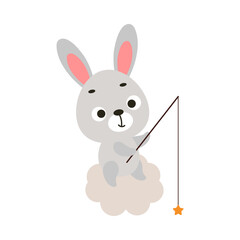 Cute little bunny fishing star on cloud. Cartoon animal character for kids t-shirt, nursery decoration, baby shower, greeting cards, invitations, house interior. Vector stock illustration