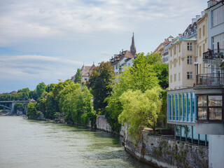 Buildings in the city centre of Basel and the Rhine river, Switzerland. Riverside of swiss city