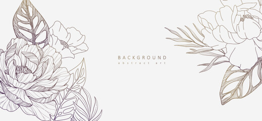 Botanical line bakground with flowers and leaves. Floral foliage for wedding invitation, wall art or card template. Vector illustration. Luxury rustic trendy art