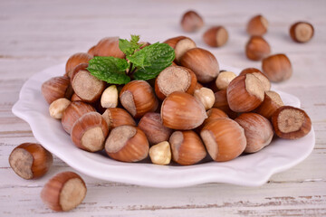 Hazelnuts in a porcelain plate on a white wooden background.Close-up.
