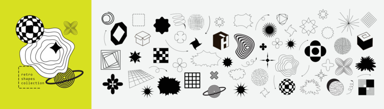 Retrofuturistic geometry design elements collection. Cyber neo futuristic style 80s 90s glitch brutalism shapes, minimalist geometric elements, abstract bauhaus. Minimalist star and flower forms