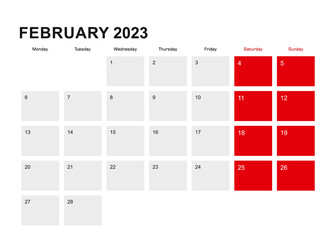 2023 February planner calendar design. Week starts from Monday.