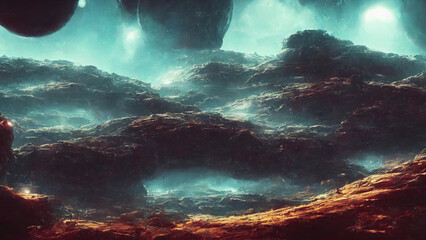 Obraz na płótnie Canvas Alien landscape, a panorama of a surface of another planet. 3D render