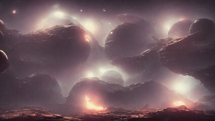 Alien landscape, a panorama of a surface of another planet. 3D render