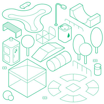 Isometric Outline Skatepark Objects Set
