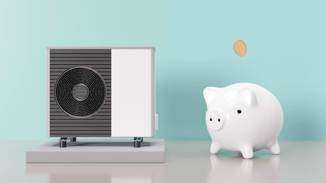 Air heat pump and piggy bank with falling coins on blue background. Modern, environmentally friendly heating. Save your money with air source heat pump. 3D animation.