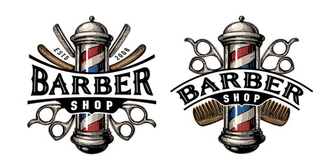 Barbershop emblem or badge. Barber pole, male beauty salon logo. Vector illustration