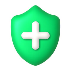 White cross on green shield 3d icon. Medicine and healthcare concept. 3d realistic vector design element.