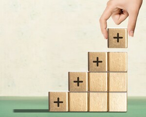 Positive plus icon sign on the wooden cubes