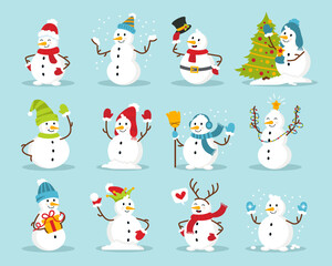 Cartoon snowmen wearing colorful hats and scarf set. Christmas funny snow man characters