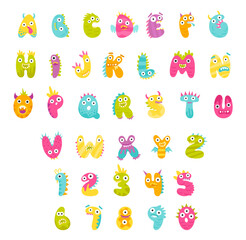 Cute and funny monster alphabet and numbers set. Children cartoon characters in form of letters
