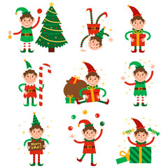 Fototapeta premium Set of cute playful Christmas elves. Cute santa claus helpers with xmas tree, bag of gifts