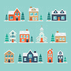 Christmas winter houses set with snow garland lights. Cartoon winter holiday xmas buildings outside