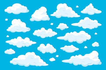 Cartoon clouds isolated on blue sky panorama. Set of cloudscape in sky. Fluffy cloudy elements icon