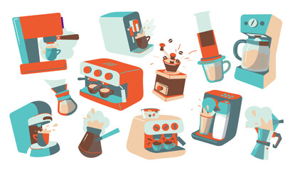 Coffee maker set. Filter, espresso machine, french press, dripper, coffee turk, moka pot, aeropress