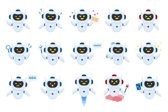 Chatbot set. Cartoon robot chat bots with different emotion for communication with service user