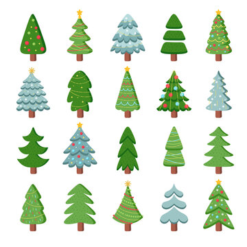 Cartoon Christmas trees, decorated pines for greeting card, invitation, banner. New Years and xmas