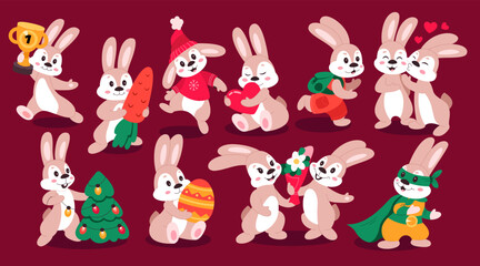 Obraz premium Cute cartoon rabbits. Funny furry gray hares, Easter bunnies run to school, decorate christmas tree