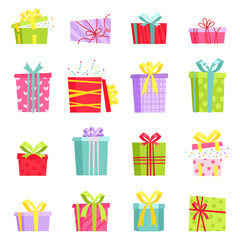 Colorful gift boxes set with ribbons and bows isolated. Present packages collection for birthday