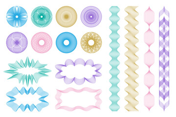 Guilloche elements set. Colorful linear money watermark. Geometric round, spiral secure guilloches