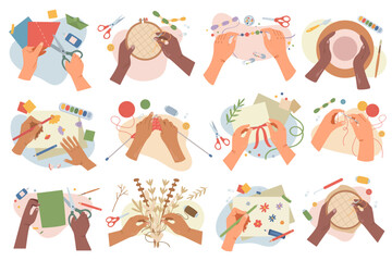 Creative handmade hobby and crafts icon set. Artist hands creating creative work and art