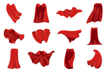 Superhero red cape set. Scarlet fabric silk cloak. Mantle costume magic cover. Satin vampire clothes