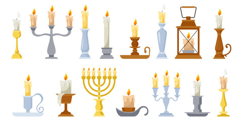 Retro ancient candlesticks, wax candle vintage holders. Medieval candelabra and candle stick set