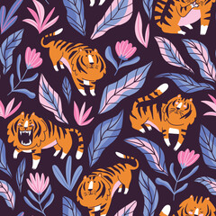 Fototapeta na wymiar Vector seamless pattern with cute tigers and tropical leaves and flowers. Cute natural repeat background. Fashionable fabric design.