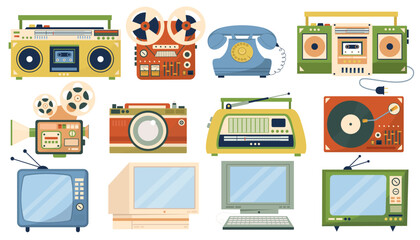 Retro devices and gadgets. Photo camera, recorder, video cassette, player, TV, computer electronics - obrazy, fototapety, plakaty