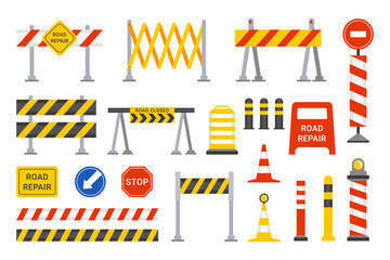 Road repair barriers set. Safety barricade warning at stops and streets symbol safe reconstruction - obrazy, fototapety, plakaty