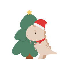 Christmas cartoon Dinosaur. Vector print on the white background. For kids stuff, card, posters, banners, children books, printing on the pack, clothes, fabric, wallpaper, textile or dishes.