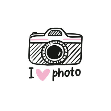Cute vector card with photo camera and lettering - I love photo. Hand drawn illustration with retro photo camera. 