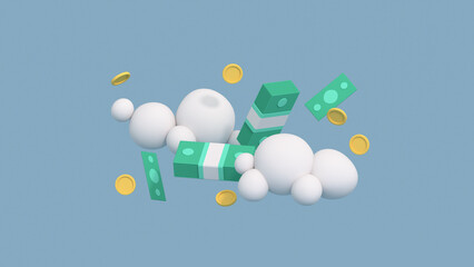 Minimal cartoon style money and clouds 3D render illustration