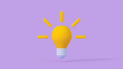 Minimal cartoon style glowing yellow light bulb 3D render illustration